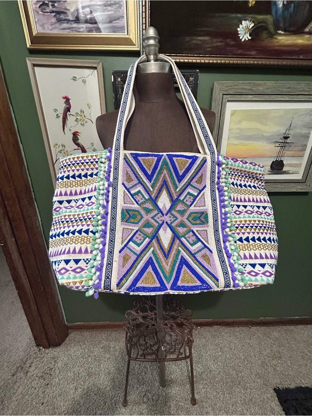 Boho Geometric Embroidered Tote Bag - Purple & Teal America & Beyond